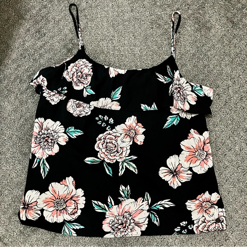 ROXY Almafi Lifestyle Printed Floral Black and Pink Camisole Ruffle Top